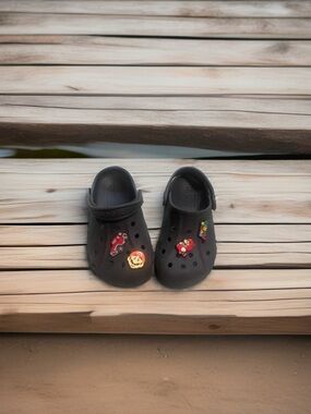 Kids Black Slip-On Crocs with Character Charms